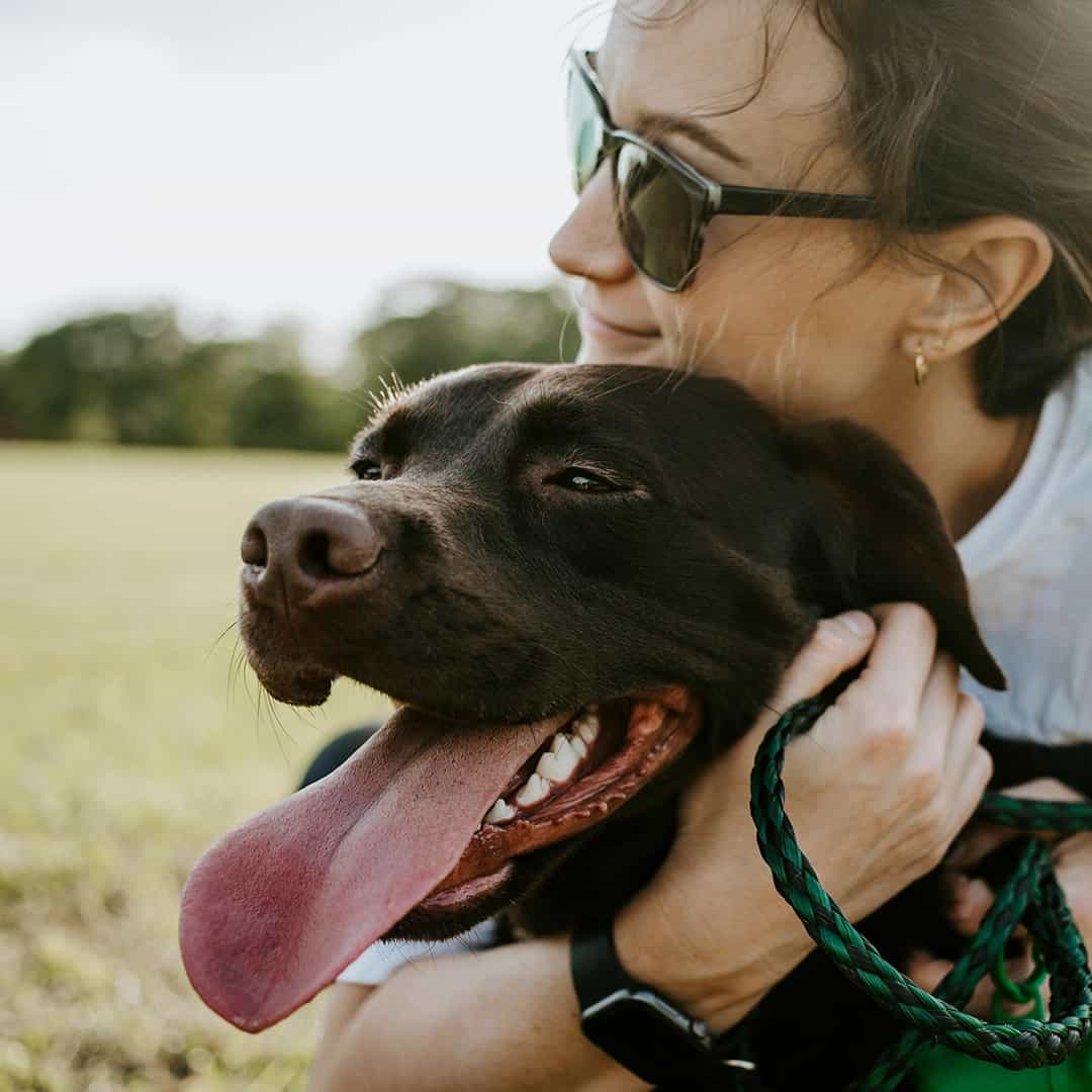 Woman hugging her dog in a sunlit park