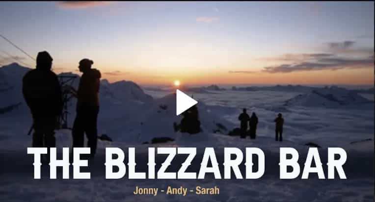 The Blizzard Bar — EchoFlicks ski trip movie poster with sunset over snowy mountains